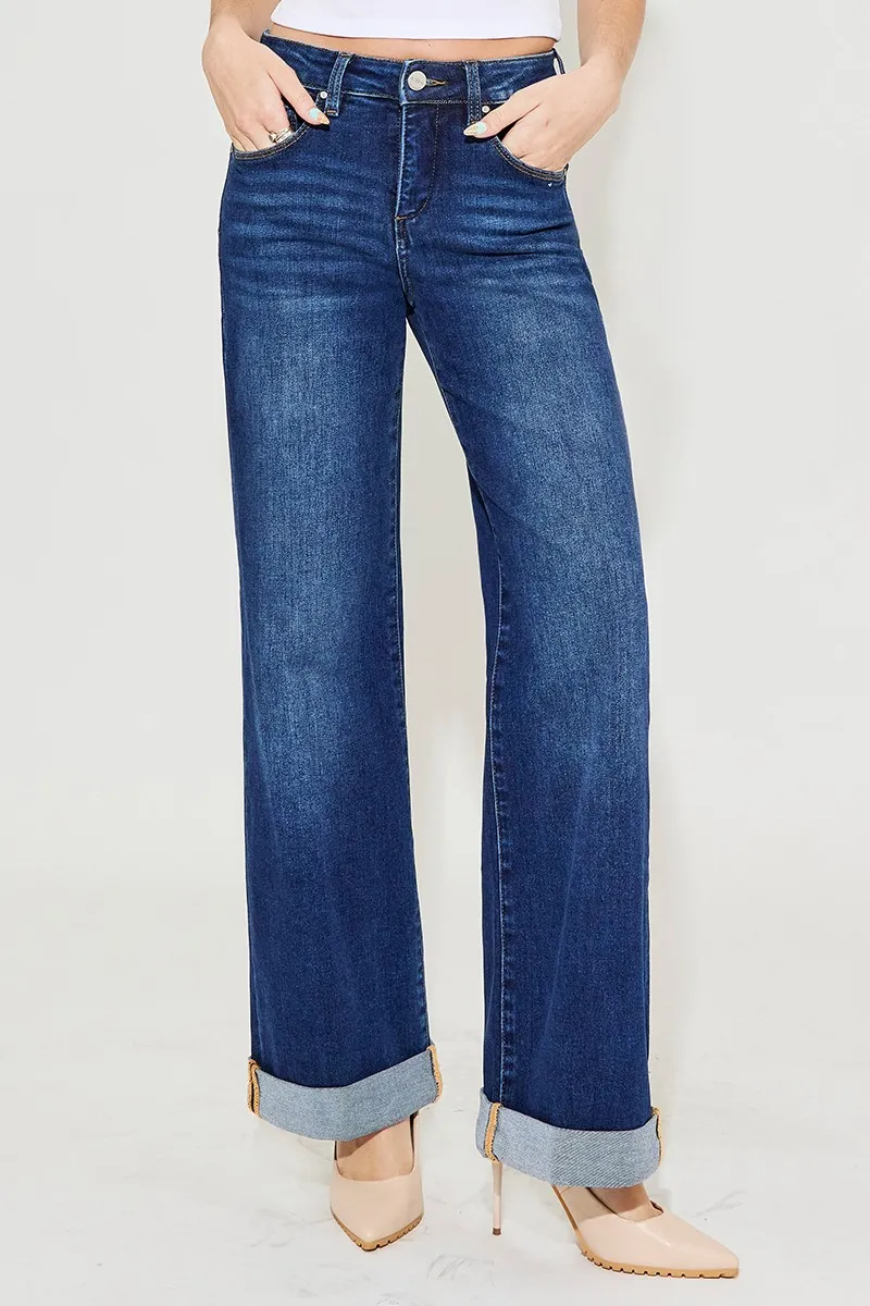 RISEN Full Size Tummy Control High Rise Wide Leg Cuffed Jeans Plus Size