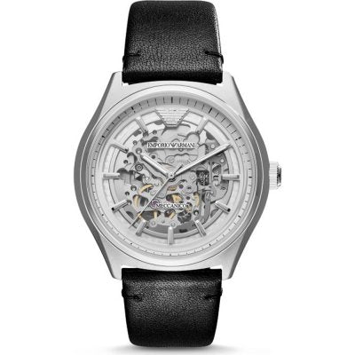 Emporio Armani Meccanico White Skeleton Dial Black Leather Strap Watch AR60003