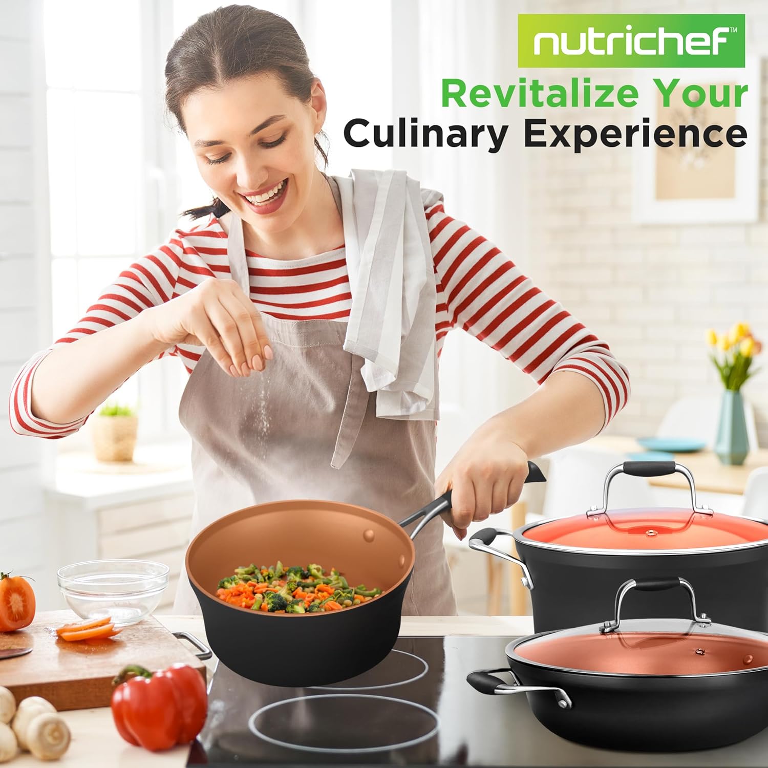 14-Piece Copper Non-Stick Cookware Set Stackable Pots and Pans with Lids, 3-Layer Coating, All Cooktop Compatible, Healthy Food-Grade Copper