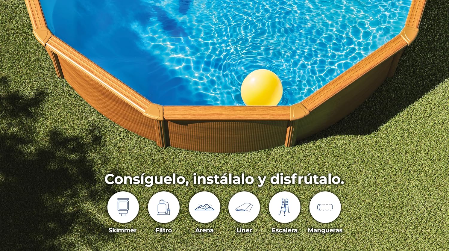 Piscina de Acero Elevada,Redonda con Aspecto Madera. Piscinas Desmontables para Jardín. 240 x 120 cm - Piscina Gre KIT240W Pacific.