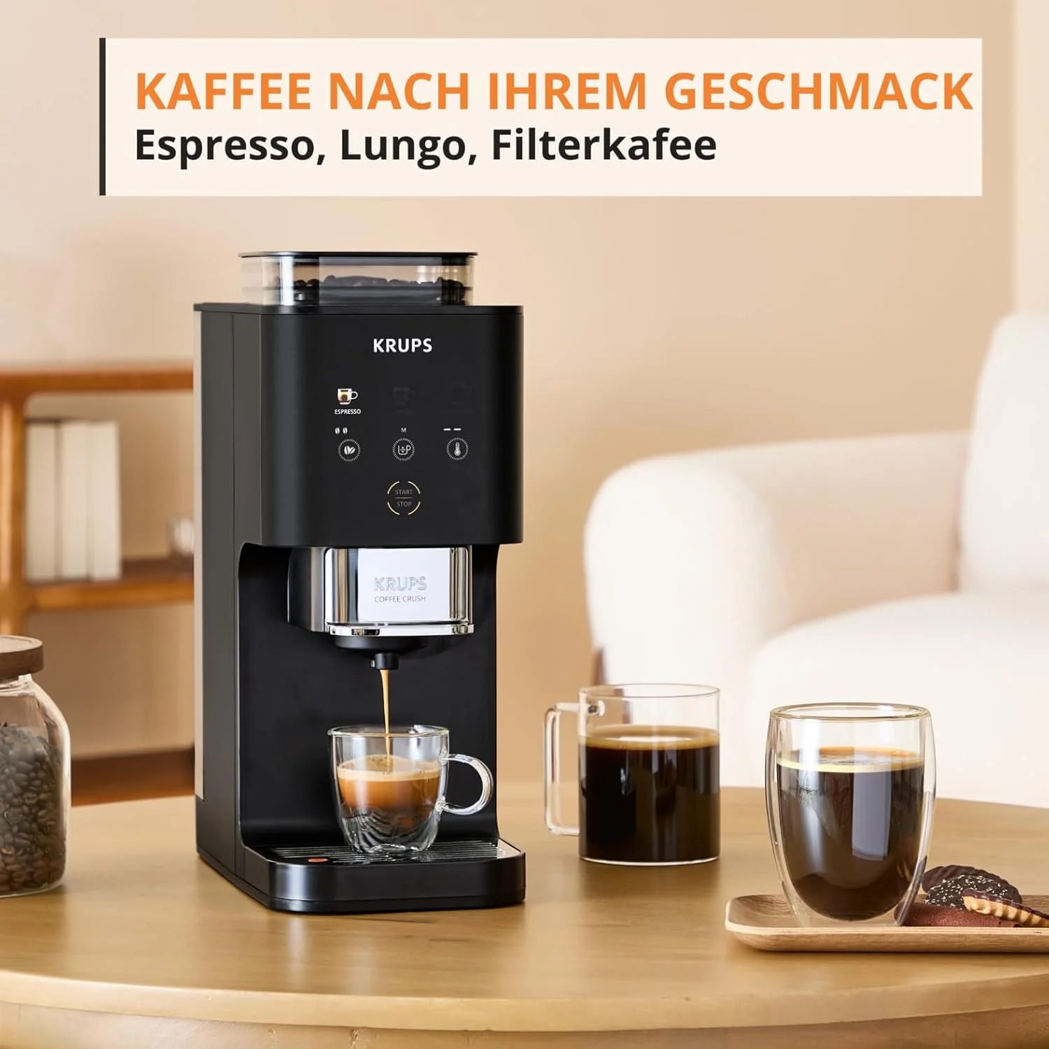 2026 Krups Coffee Crush Extra Kaffeevollautomat, Edelstahlmühle für frisch gemahlenen Kaffee, nur 15 cm breit, smartes Bedienfeld, auch für vorgemahlenen Kaffee, einfache Reinigung, Schwarz, SA4028E0