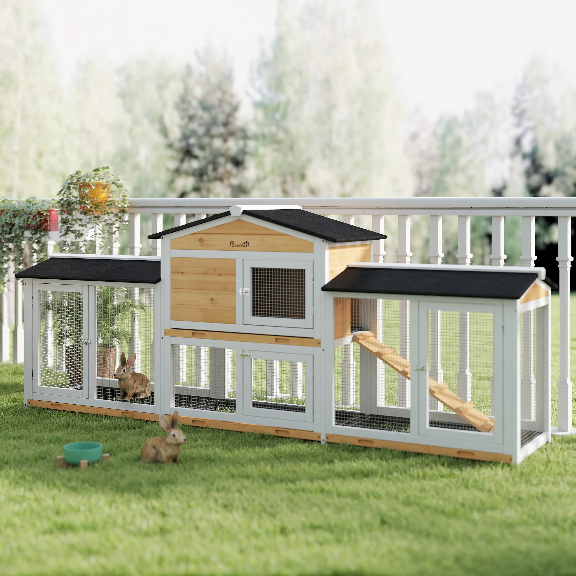 PawHut konijnenhok met ren, hok voor kleine dieren, dwerg konijnenhok met oprit, cavia hok, kooi voor kleine dieren, dwergkonijn kooien voor buiten, winterklaar, sparrenhout, wit, 230 x 53 x 93.5 cm