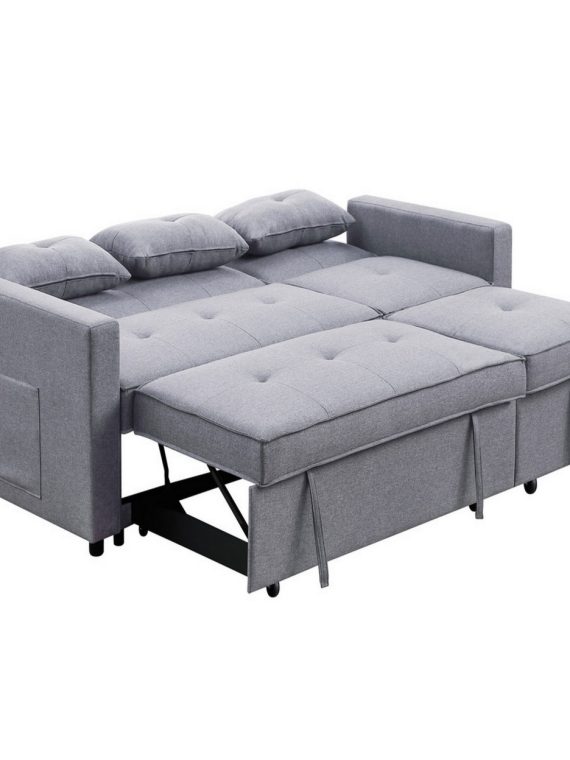 Benjara BM286632 80 in. Jayce Wood Convertible Sleeper Sofa with Side Pocket, Light Gray & Black