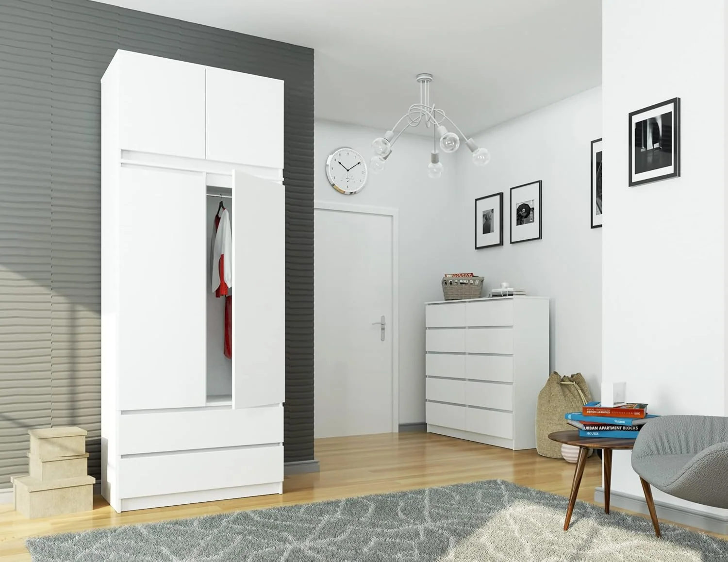 Armario BDW con 4 puertas, 4 estantes, barra para colgar ropa y 2 cajones – Armario de almacenamiento – Armario moderno para dormitorio, salón o recibidor – 234 x 90 x 51 cm – Blanco 2026