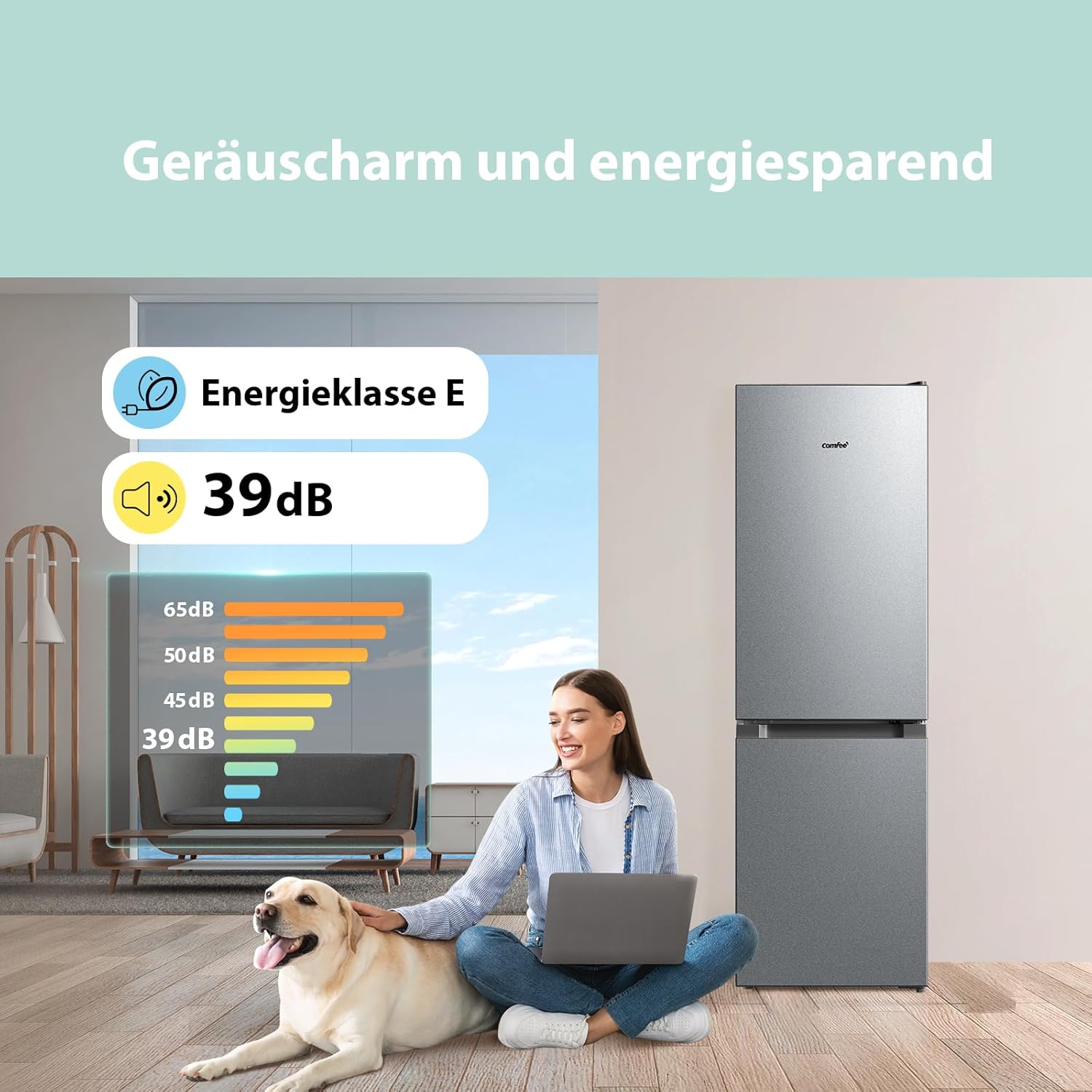 Comfee' RCB169DK3 Kühlschrank mit Gefrierfach 150cm Höhe/Kühl-/Gefrierkombination/Low Frost/174L/leise Kühlgefrierkombi 38dB/Einstellbare Kühlschranktemperatur/LED-Licht/156 kWh/Jahr/Schwarz