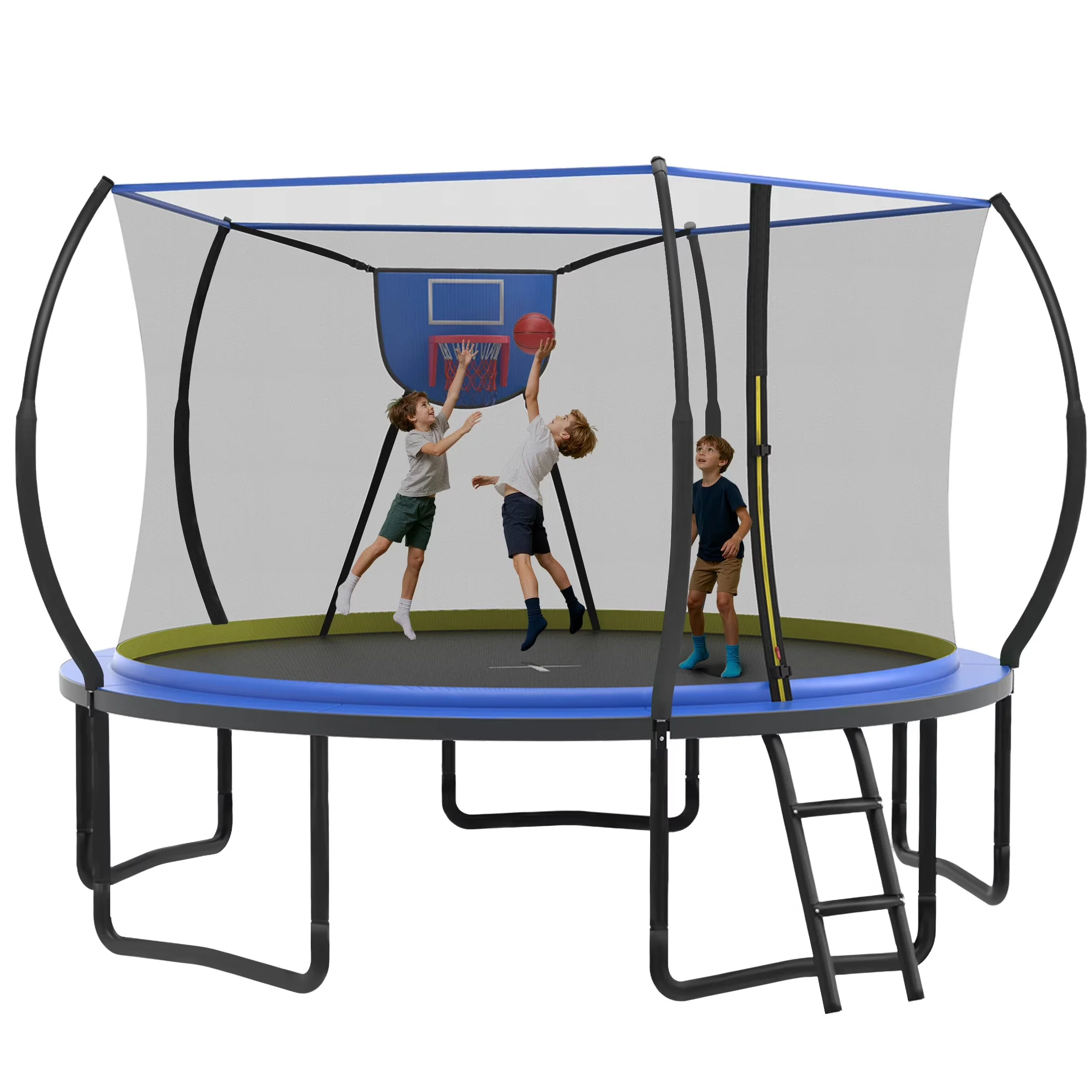 14FT Trampoline with Enclosure for Kids Adults, SEGMART Outdoor Pumpkin Round Recreational Trampoline with No-Gap Design, Heavy Duty Backyard Trampoline with Curved Fiberglass Poles for Indoor Outdoo