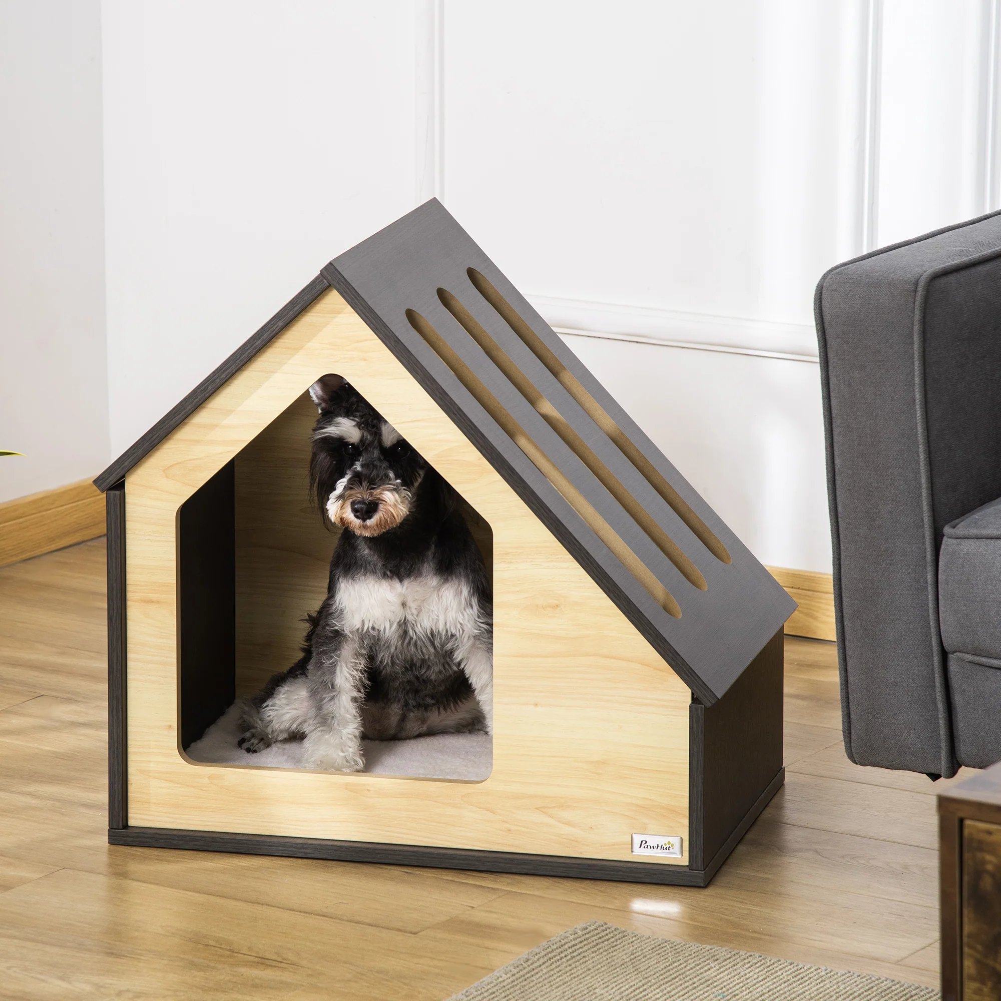 PawHut Hundehütte Holz 60x40 cm mit Kissen für kleine Hunde