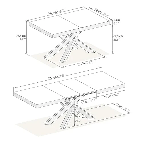 Mobili Fiver Emma 140 Tavolo da Pranzo Allungabile – Piano in Rovere Rustico con Gambe Bianche Incrociate, Laminato/Ferro, Made in Italy