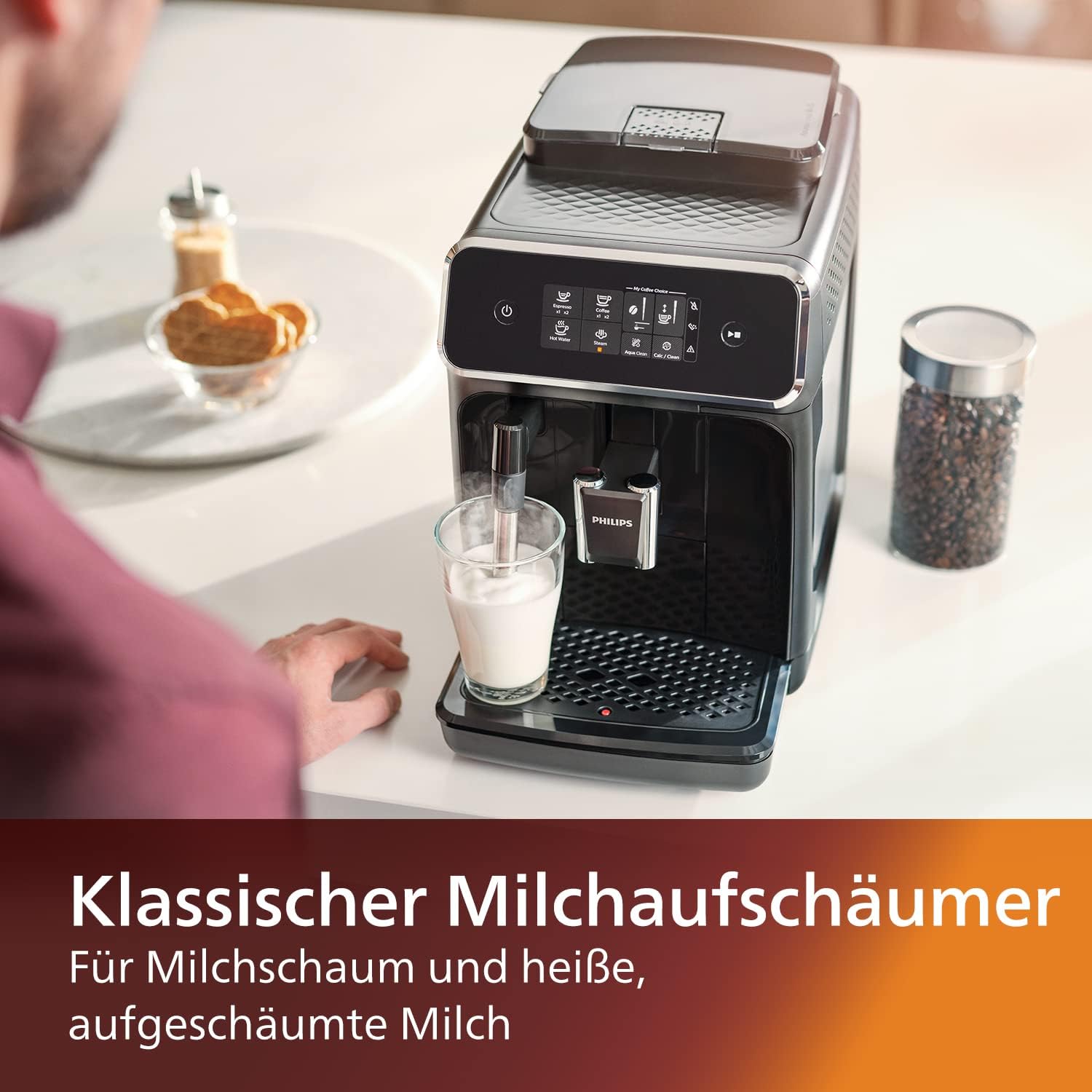 Philips Serie 2200 Kaffeevollautomat – Klassischer Milchaufschumer, Intuitives Touchdisplay, mattes Schwarz (EP2220/10)