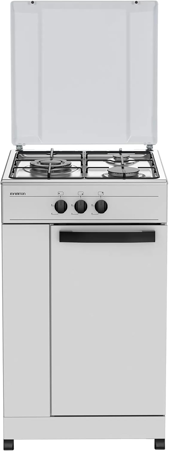 INFINITON Cocina de Gas Sin Horno CC3FB, 3 Zonas, Compartimento porta-bombonas, 50 cm de Ancho, Superficie de cocción de acero esmaltada en Blanco