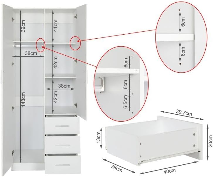 Buyqualia Armario ropero Blanco 200x80x58 cm con 2 Puertas y 3 cajones – Diseño Moderno y Funcional