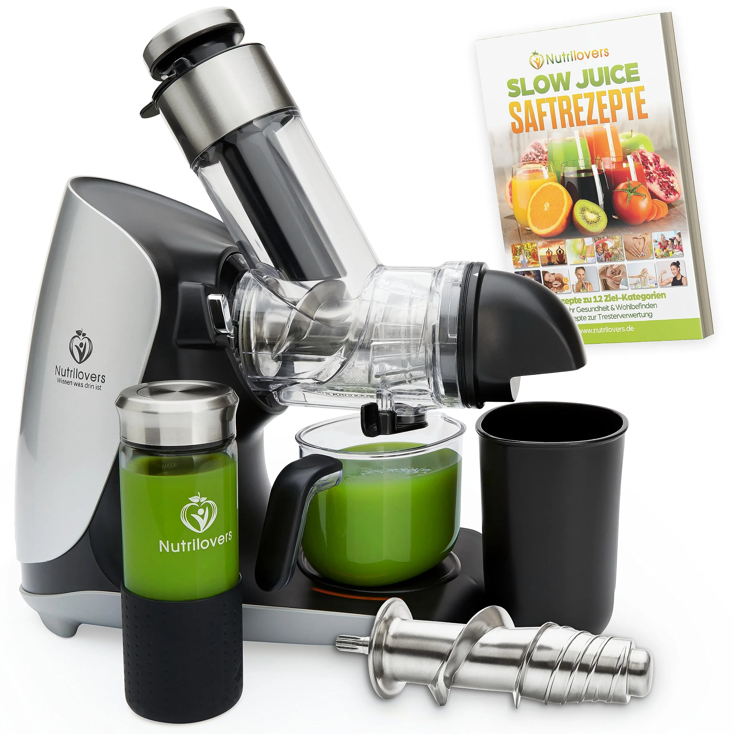 GREEN-PRESS Slow Juicer in acciaio inox 304, coclea in acciaio inox, senza BPA | MARCHIO TEDESCO | Spremiagrumi elettrico tuttofare per frutta intera, sedano, verdura e frutta | Campione di test 2025
