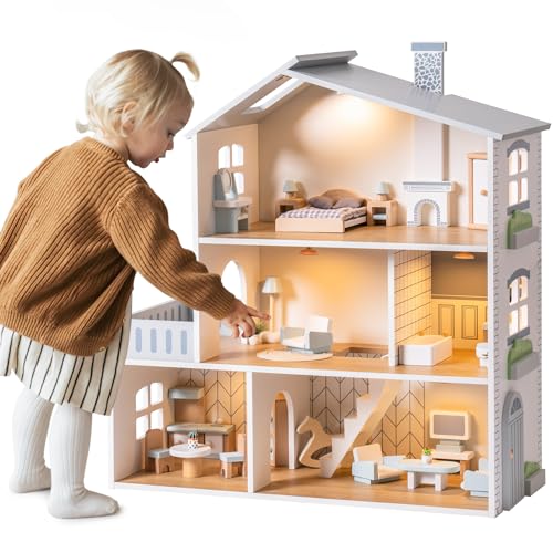 ROBUD Casa delle bambole in legno luci,3 piani, inclusi mobili e scale, giocattoli per bambini dai 3 anni in su : Amazon.it: Giochi e giocattoli