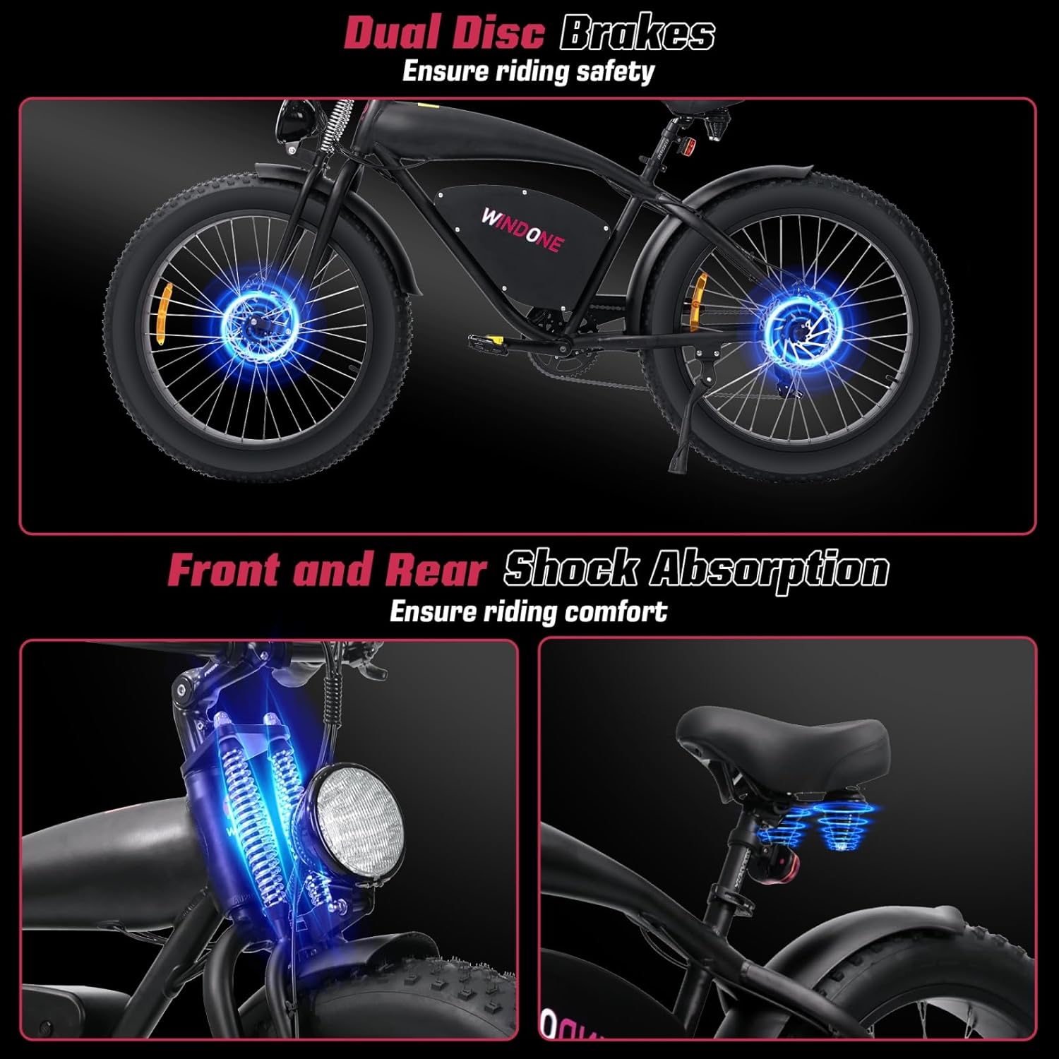 Windone K20 Electric Bike for Adults, Up to 60 Mile Range & 28 MPH Speed Ebike, 26'' x 4'' Fat Tire E Bike with 7 Speeds, Peak 1000W Adult Electric Bicycle for Commute Beach Snow
