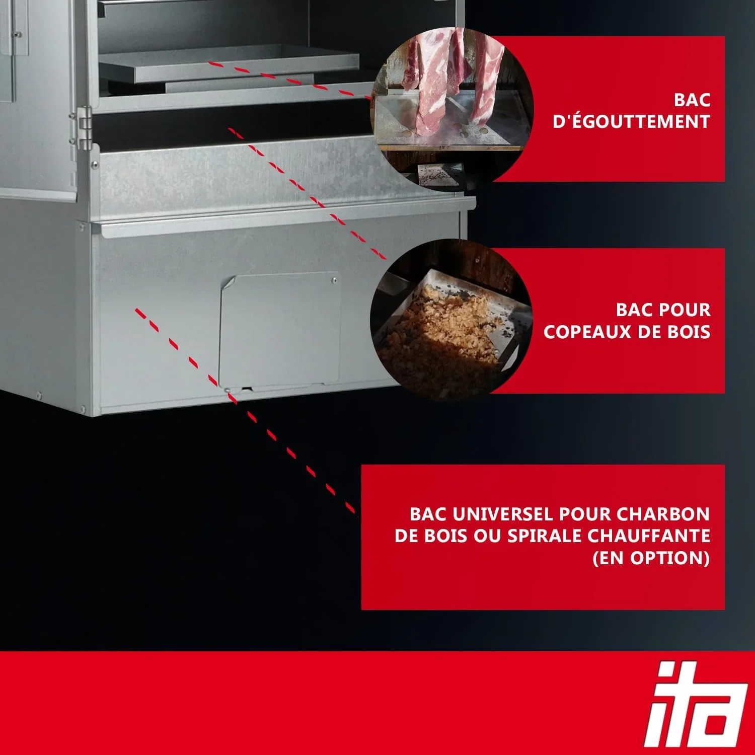 Ahumador Eléctrico ITA 7000 - Conjunto de Ahumador con Calefacción, Generador de Humo - Armario de Ahumado con Ventana y Termómetro - Aleación de Acero - Calidad UE, 81 cm con 3 Niveles