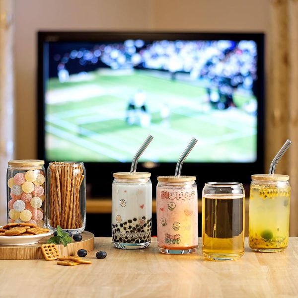 [ 20pcs Set ] Glass Cups with Bamboo Lids and Glass Straw – Beer Can Shaped 16 oz Iced Coffee Drinking Glasses, Cute Tumbler Cup for Smoothie, Boba Tea, Whiskey, Water