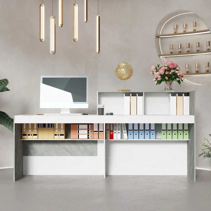White Reception Desk with Computer Surface and Four Shelves