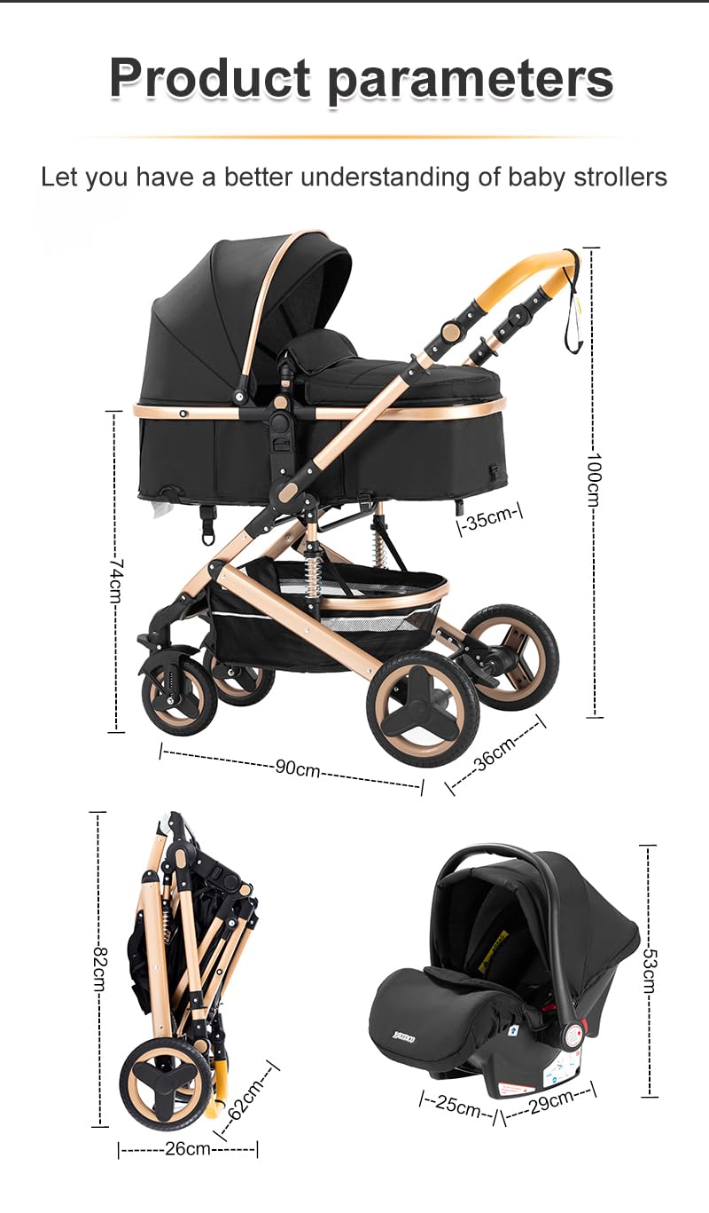 YAZOCO kinderwagen 3 in 1 Buggy Babybett Komplett Set Einem Klick Zusammenklappbarer Kinderwagen, KombiKinderwagen Aluminiumrahmen für Neugeborene Sitzzubehör (1 schwarz)