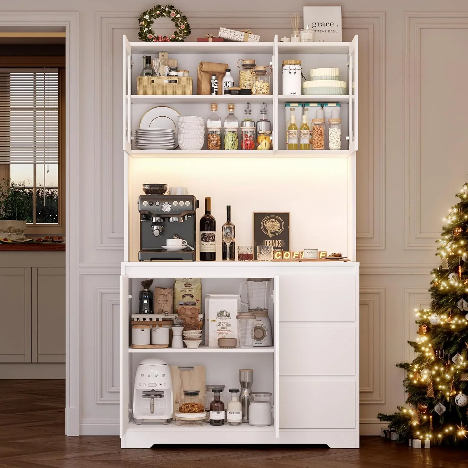 Alacena de cocina FirFurd con LED y regleta, aparador de cocina con encimera y 3 cajones, buffet de cocina con estante ajustable, aparador para cocina, 180x100x38.5 cm, blanco