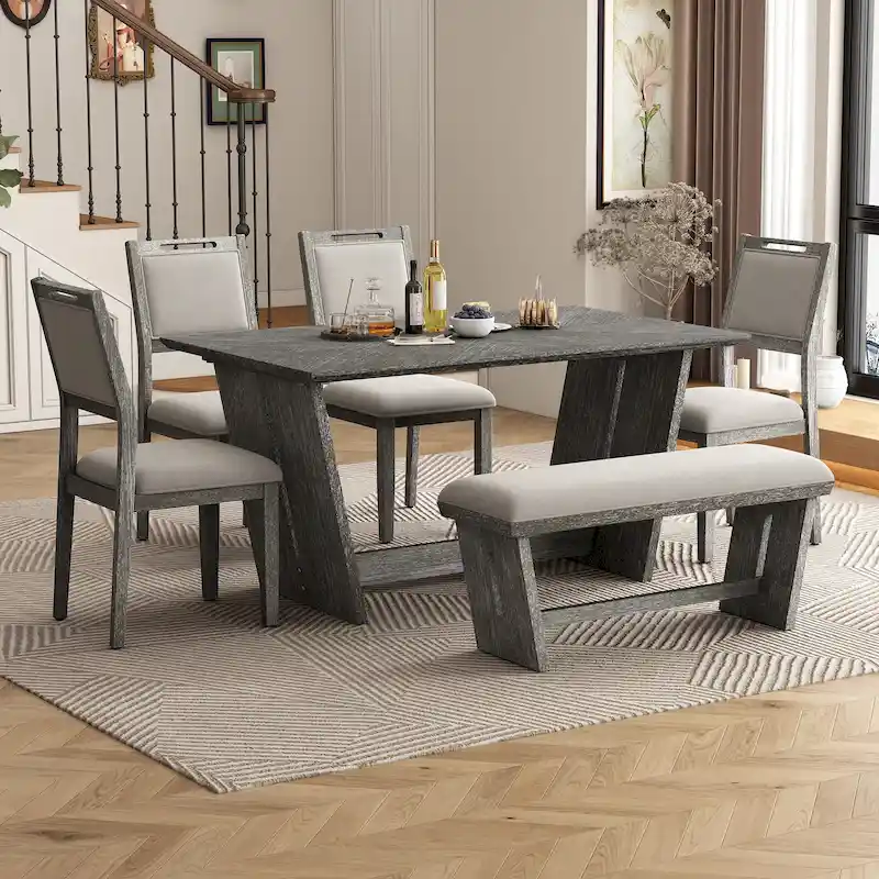 6-Piece Wooden Dining Set: Rectangular Table with 4 Upholstered Chairs and 1 Bench