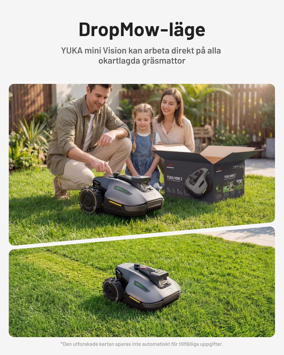 MAMMOTION YUKA mini 2500 robotgräsklippare utan gränskabel, ingen signalförlust, ingen RTK, AI-bildbehandling med tre kameror, DropMow, 45 % lutning, automatisk mappning, upp till 500 m2