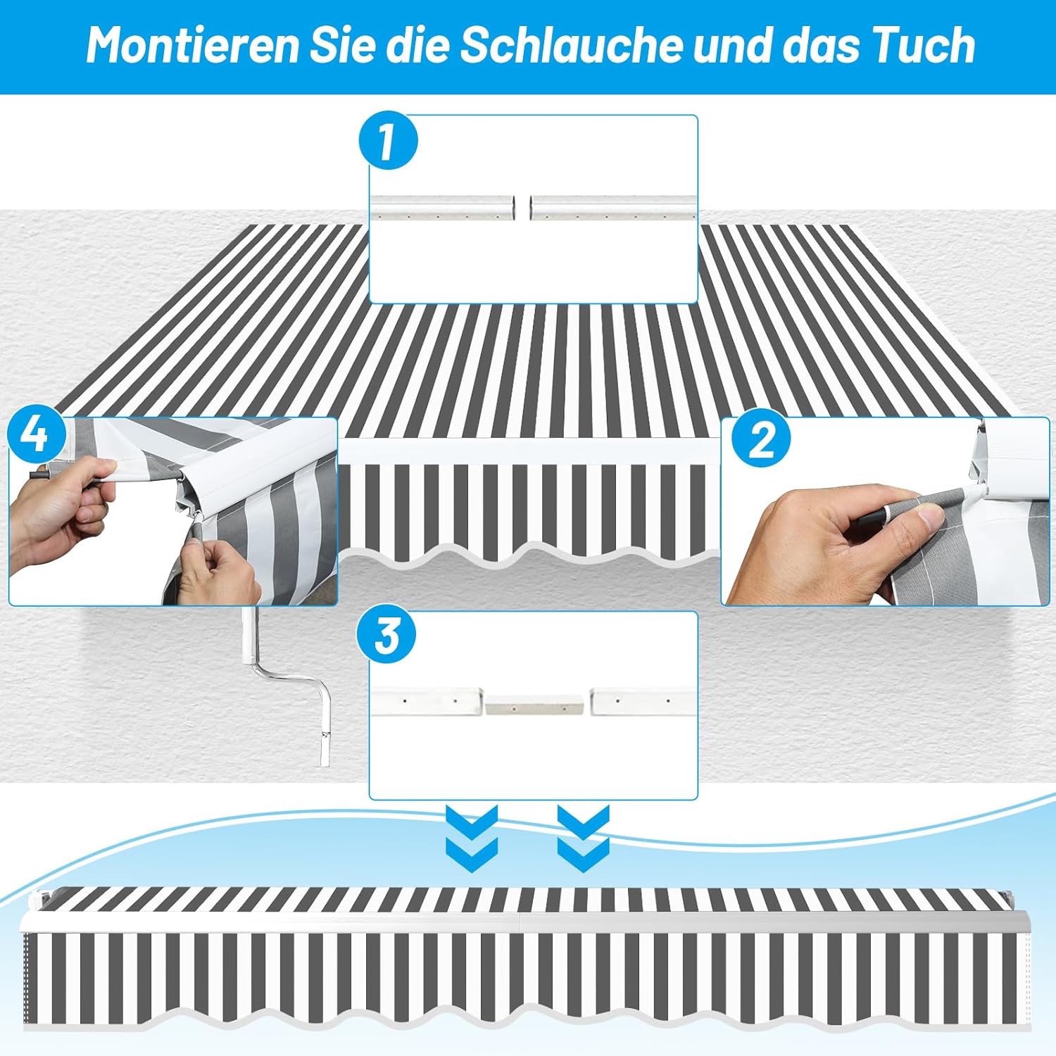 Toldo con brazo articulado, 250 x 200 cm, toldo manual con manivela, ajuste de ángulo de hasta 30 grados, protección solar, protección contra el agua, incluye soporte de pared, color blanco y