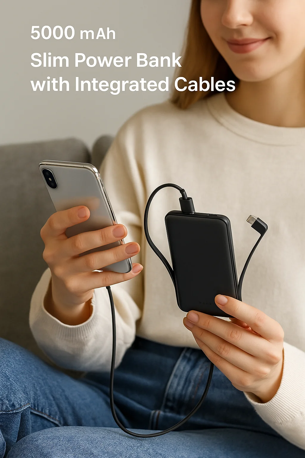 Powerbank mit integriertem USB-C & Lightning Kabel  5000 mAh �C Zusatzakku mit USB-A/USB-C Anschluss