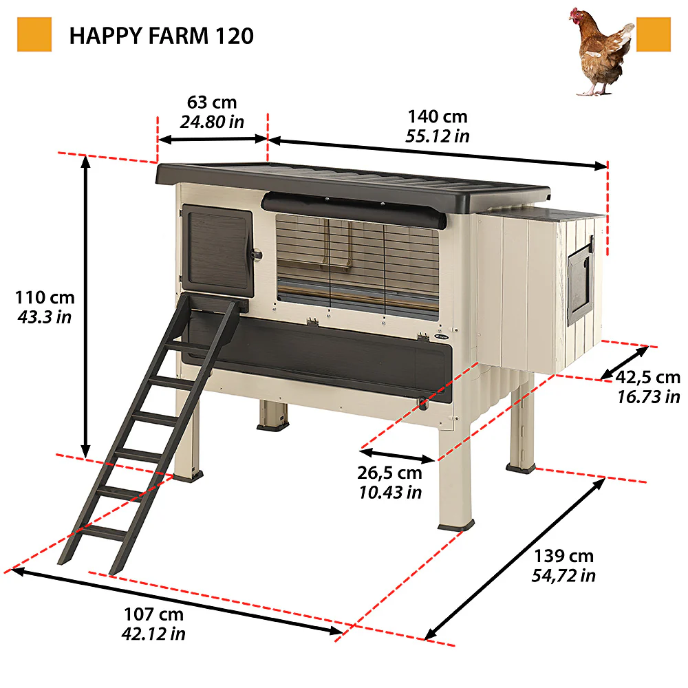 Happy Farm 120 – Casetta per Galline in Resina Termoplastica con Doppia Zona e Portine Apribili, Ideale per 6 Galline