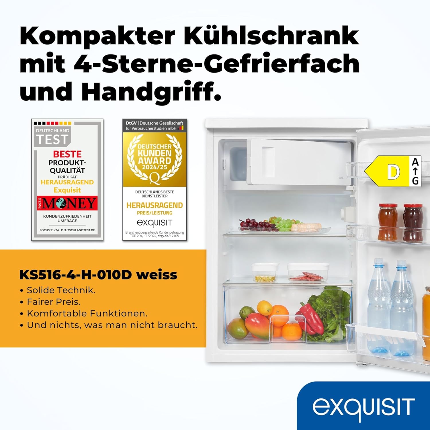 Exquisit Kühlschrank mit Gefrierfach, 120 Liter, 4-Sterne-Gefrierfach, Kühlschrank freistehend, KS516-4-H-010D weiss
