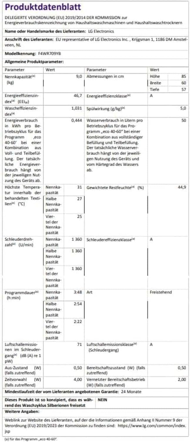 LG F4WV7080, Klasse A, Frontlader-Waschmaschine 8 kg, 1400 U/Min, AI Direct Drive, Wi-Fi, Tiefenreinigung mit Dampf, Große Kapazität, TRIPLE A, Außentür aus Sicherheitsglas, 62 x 60 x 85 cm ꟷ Weiß