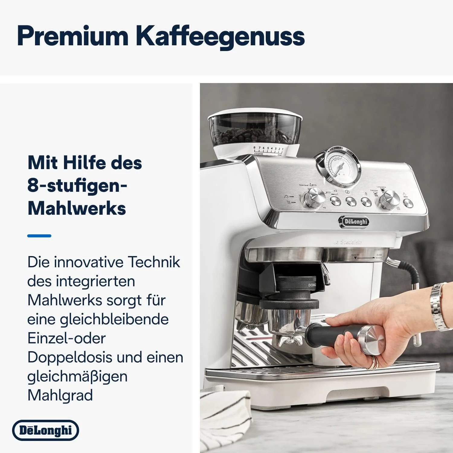 De'Longhi La Specialista Arte EC9155. MB Machine met zeven dragers, espressomachine met molen, 8 malingen, 15 bar, 3 temperaturen, melkopschuimmondstuk, 1300 W, tank van 1,5 l, roestvrij staal/zwart incl. barista-kit