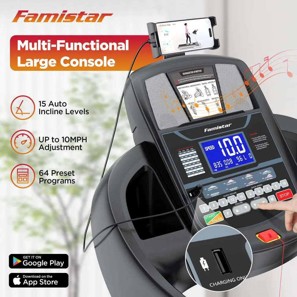 Famistar 4.5HP Foldable Treadmill with 15 Auto Incline Levels, 10MPH Speed, 300LB Capacity, Home Fitness Equipment