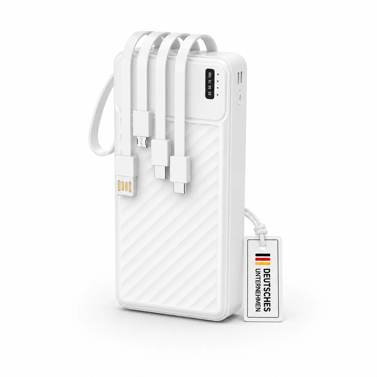 Powerbank 20.000 mAh mit integriertem USB-C-, USB-A & Lightning-Kabel Externer Akku mit Schnellladefunktion