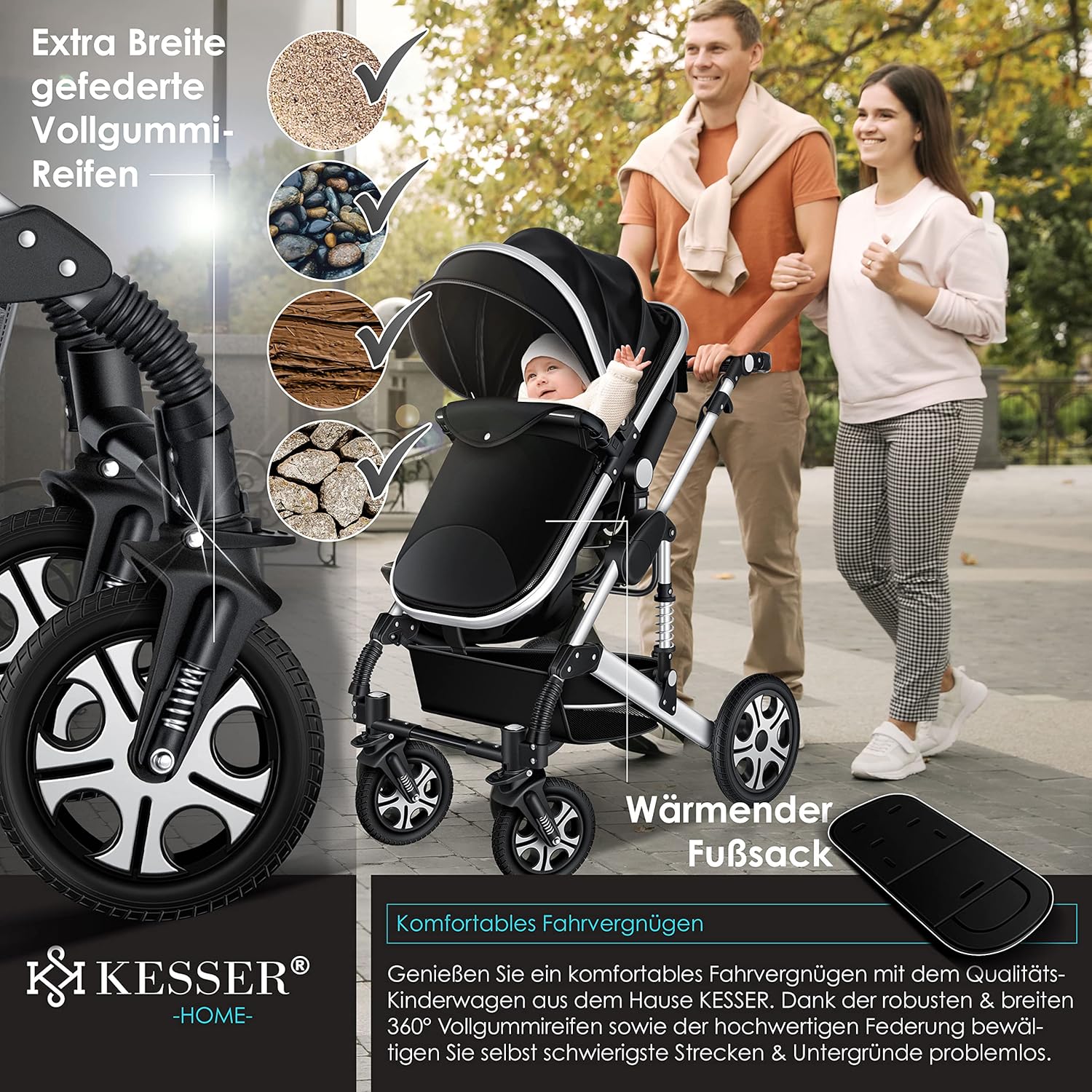 KESSER® Loops 3 in 1 Kinderwagen Kombikinderwagen Komplett-Set inkl. Babywanne & Buggy Sportsitz & Auto-Babyschale Voll-Gummireifen Wickeltasche Regenschutz Kindertisch ECE R129, Grau/Silber