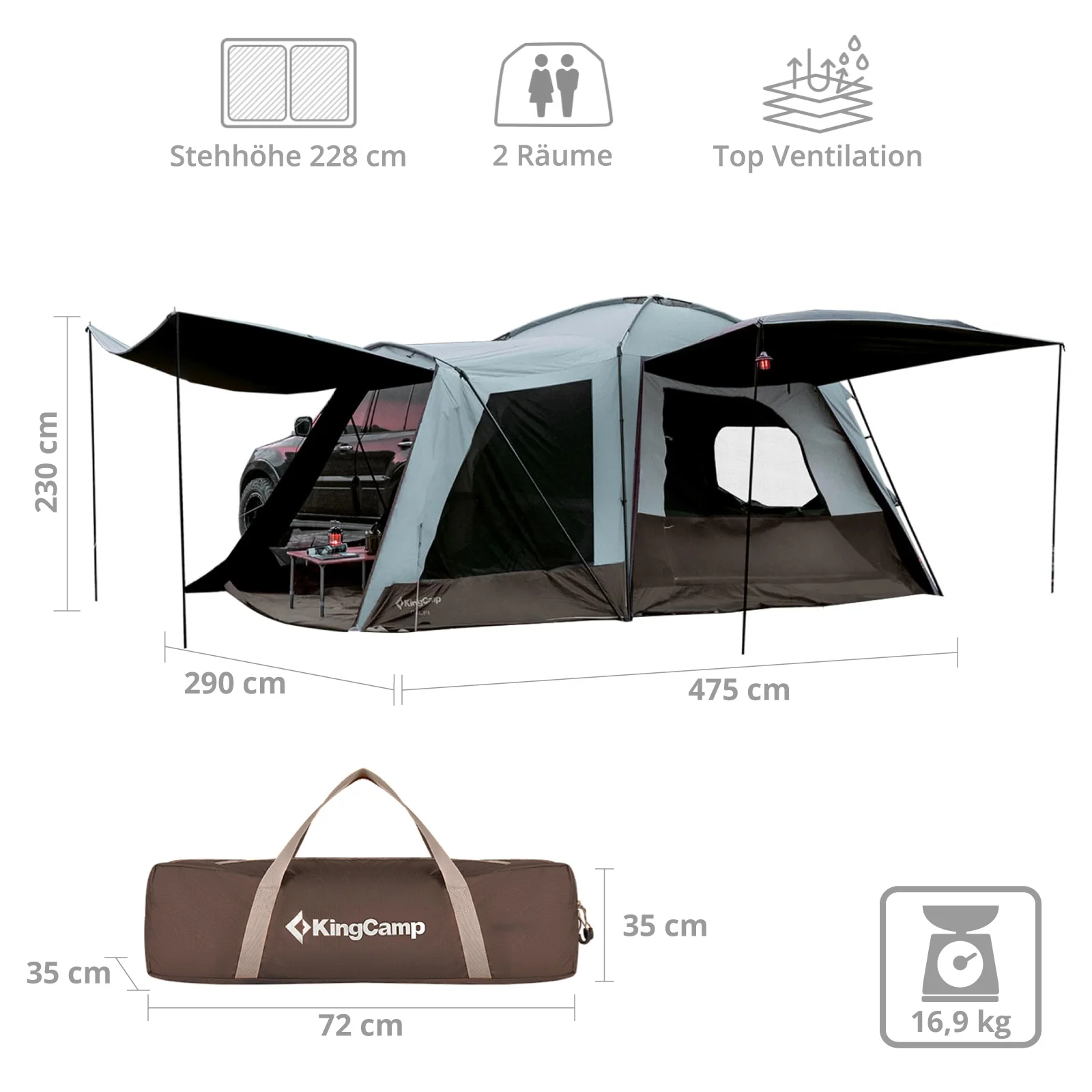 2025 KingCamp Hawly – Tienda familiar moderna y autoportante con altura interior de 228 cm y función de acoplamiento para vehículos