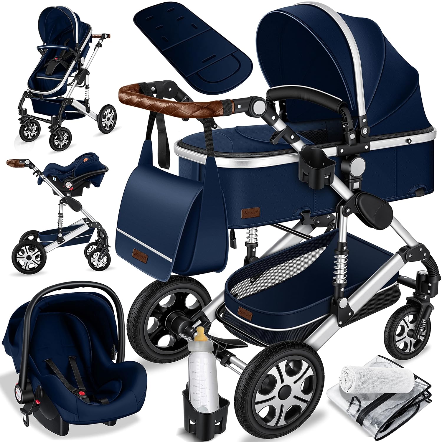 KESSER® Loops 3 in 1 Kinderwagen Kombikinderwagen Komplett-Set inkl. Babywanne & Buggy Sportsitz & Auto-Babyschale Voll-Gummireifen Wickeltasche Regenschutz Kindertisch ECE R129, Grau/Silber