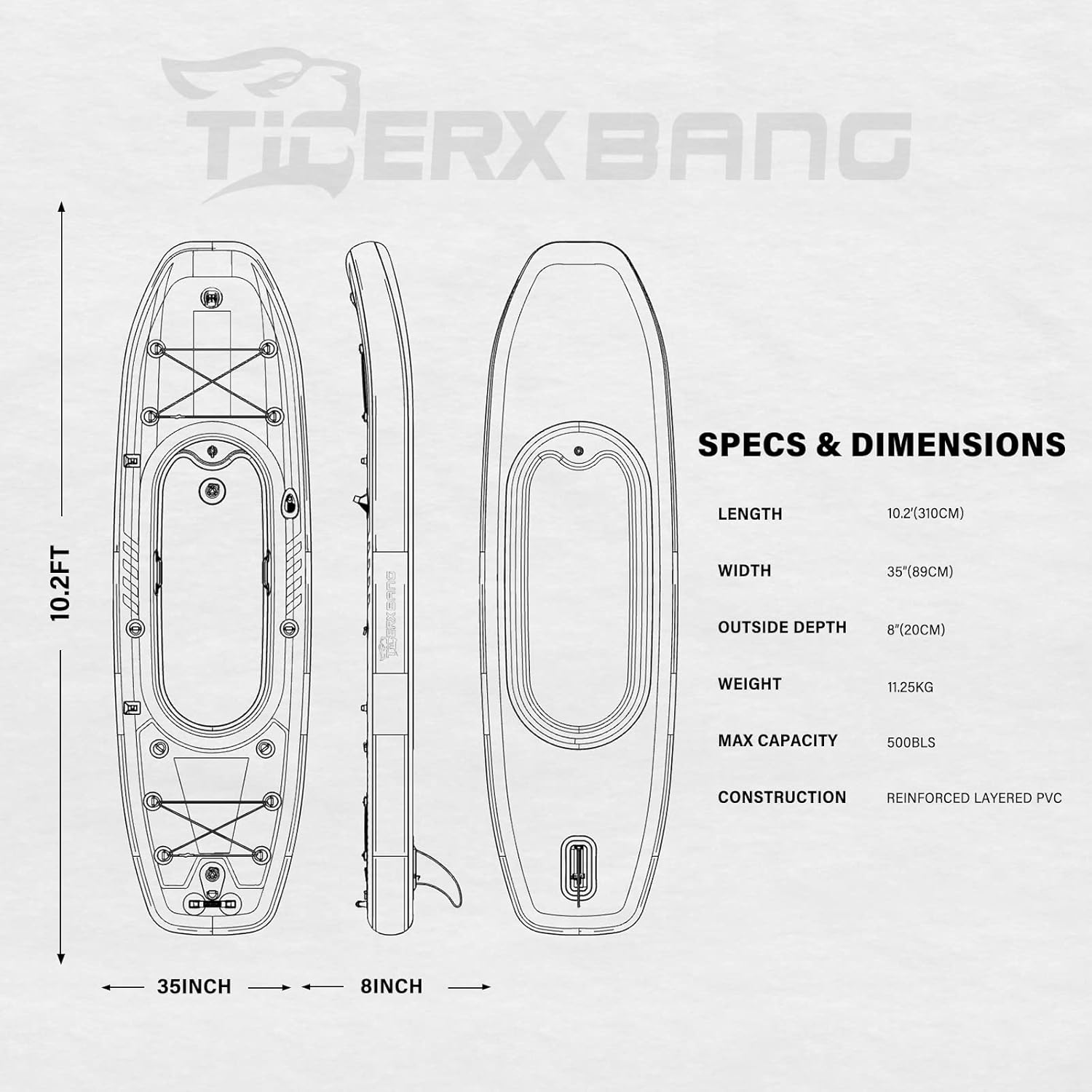 TIGERXBANG Aufblasbares Kajak mit abnehmbarem Sitz, 310x89x20cm SUP Kajak Set inkl. Handpumpe/Aluminiumruder/Rucksack, Kajakboot für Erwachsene/Kinder | für Angeln, Touren