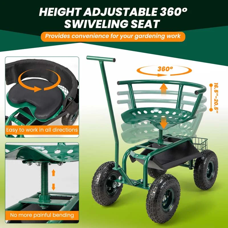 Eletriclife Rolling Garden Cart with Height Adjustable Swivel Seat and Storage Basket