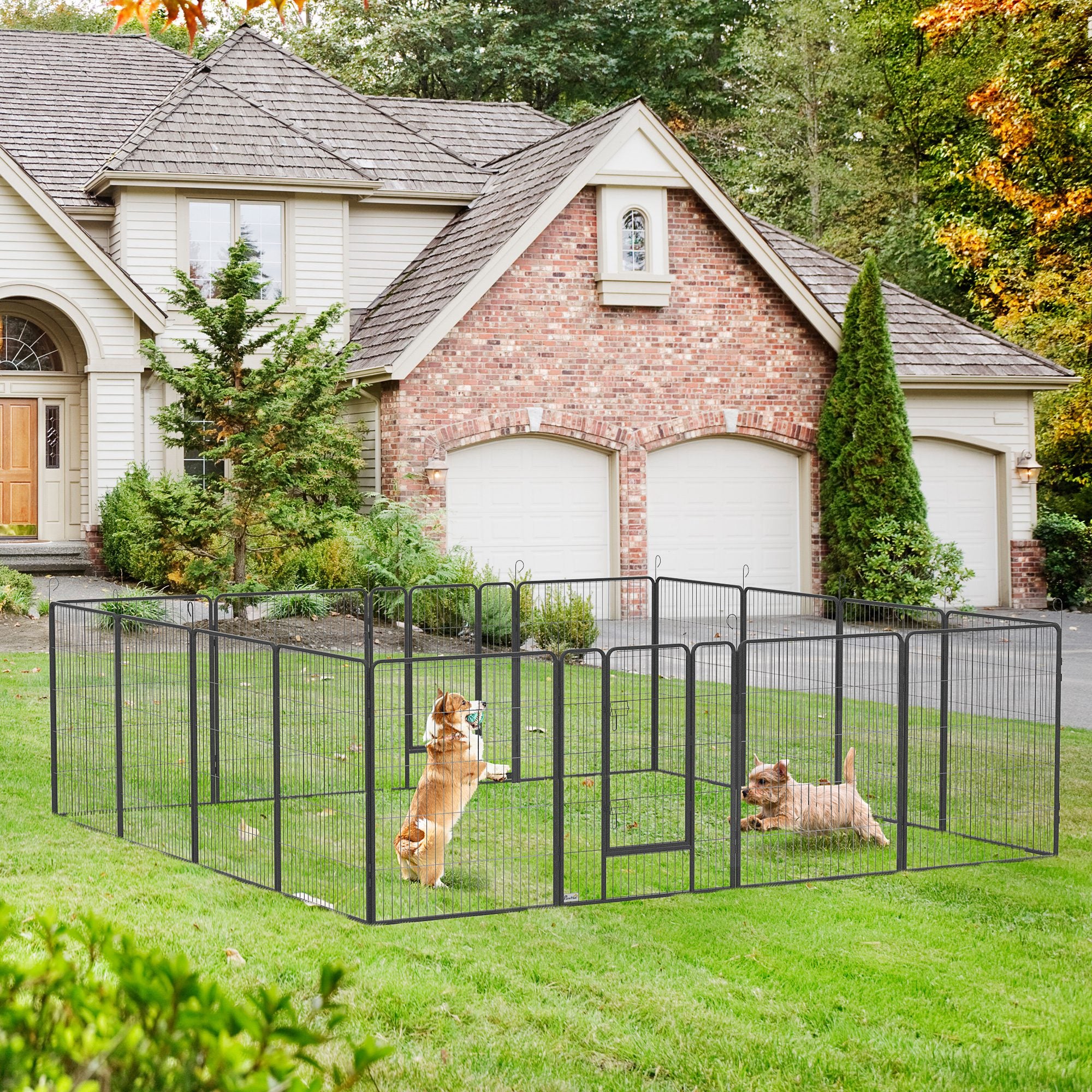 PawHut Puppy Run modulair ontwerp 16 panelen 2 deuren weerbestendig staal 3,2 x 3,2 x 1 m grijs