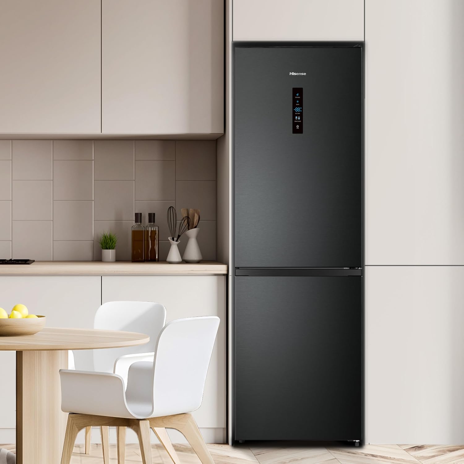 Hisense RB327N4ADD Fridge-Freezer Combination, EEK D, Total NoFrost, Interchangeable Door Hinge, Bottle Grid, 171 Litre Fridge Compartment, 85 Litre Freezer Compartment, Stainless Steel Look