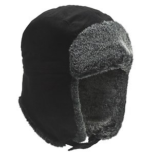 Black Corduroy Winter Hat with Grey Fur 5829
