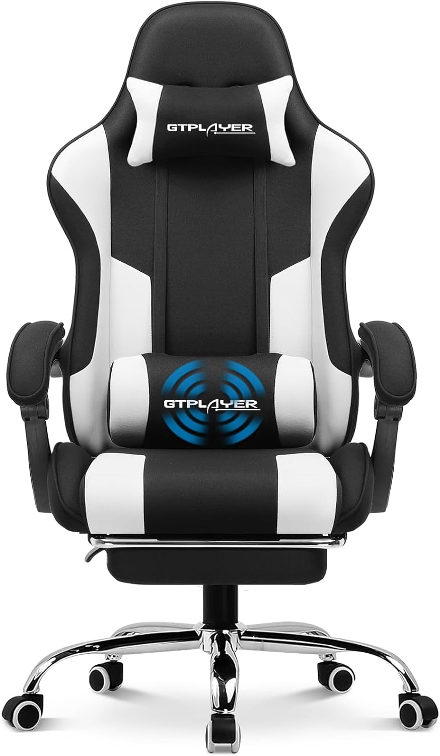 GTPLAYER Gaming Chair, Computer Chair with Footrest and Lumbar Support, Height Adjustable Game Chair with 360  -Swivel Seat and Headrest and for Office or Gaming (White)