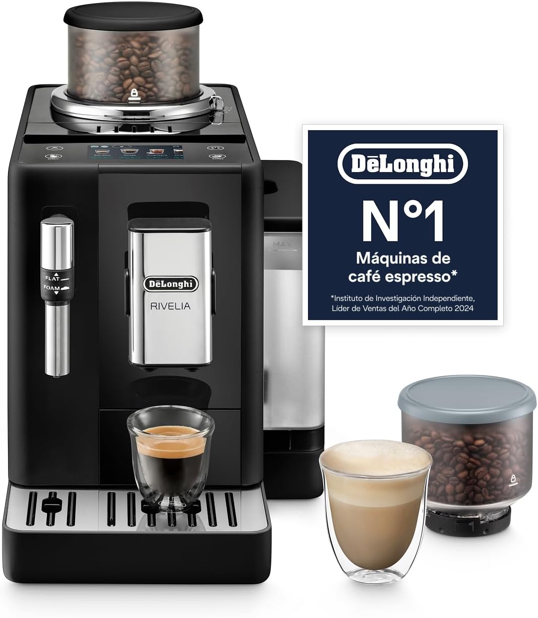 De’Longhi Rivelia – Perfetto Cafetera Superautomática, Espumador de Leche manual, 8 Bebidas One-Touch, Pantalla Táctil a Color, Depósitos de Granos de Café Intercambiables, Negro (EXAM440.35.B)