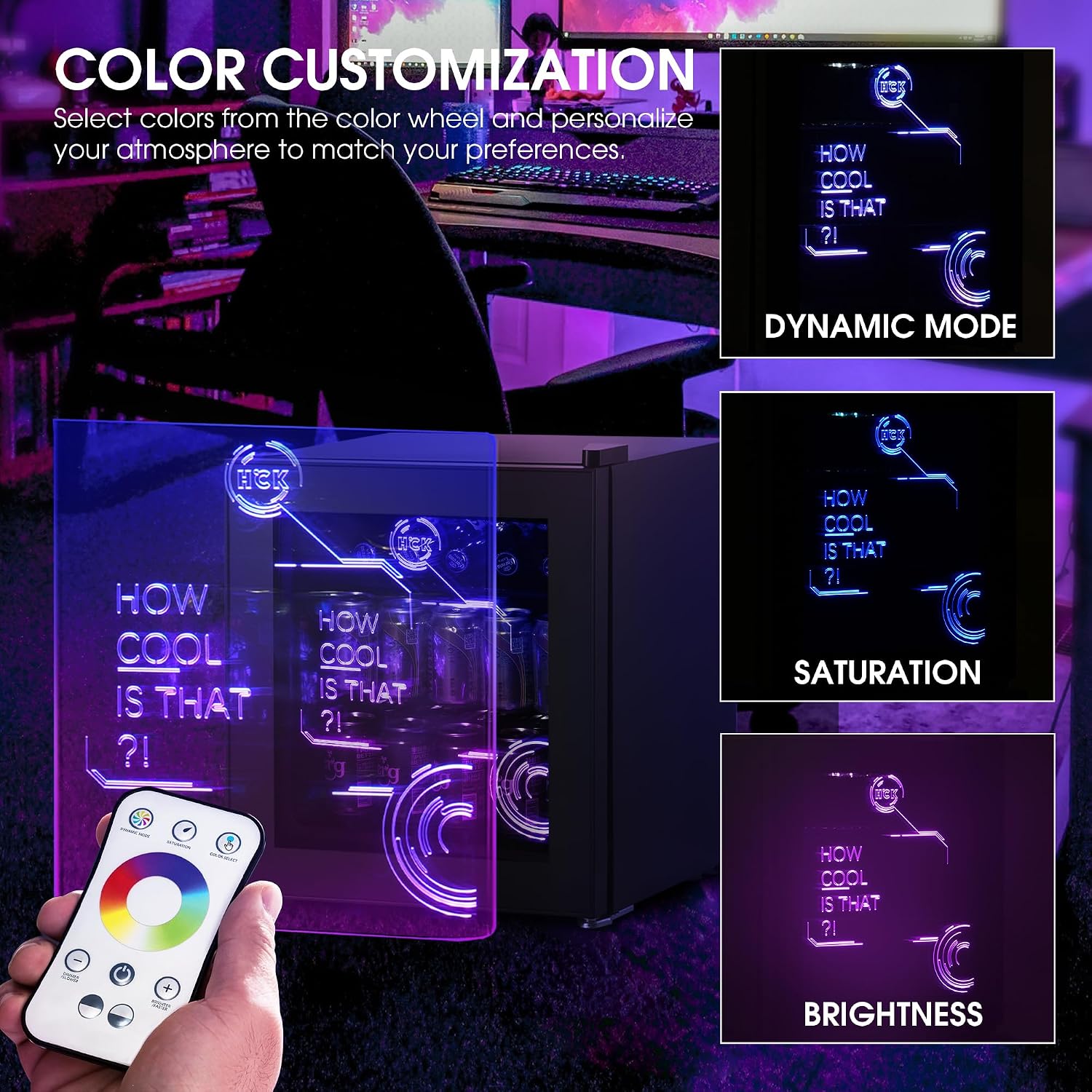 HCK 48L Mini Kühlschrank mit Glastür Leise 39dB, Cyberpunk Getränkekühlschrank mit Fernsteuerbaren RGB LED Lichtern, Flaschenkühlschrank, Mini Fridge 0-15°C für Gaming Deko, Minibar, Schwarz
