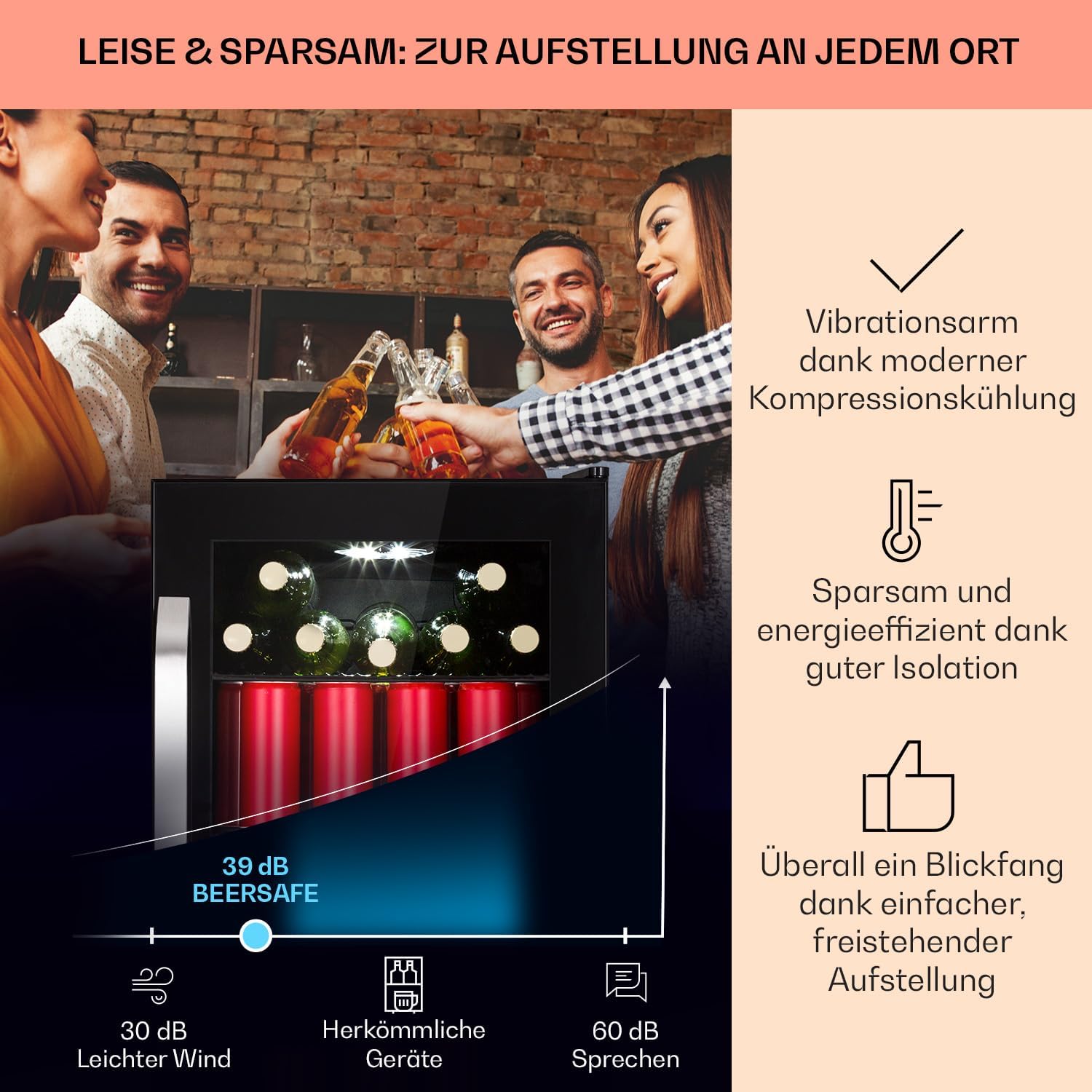 Klarstein Kühlschrank 70L, Kleiner Kühlschrank mit Herausnehmbaren Ablagen, Leiser Mini Kühlschrank mit Glastür & LED, Getränkekühlschrank Klein, Outdoor Geeignet, Biersafe für Flaschen, 0-10°C