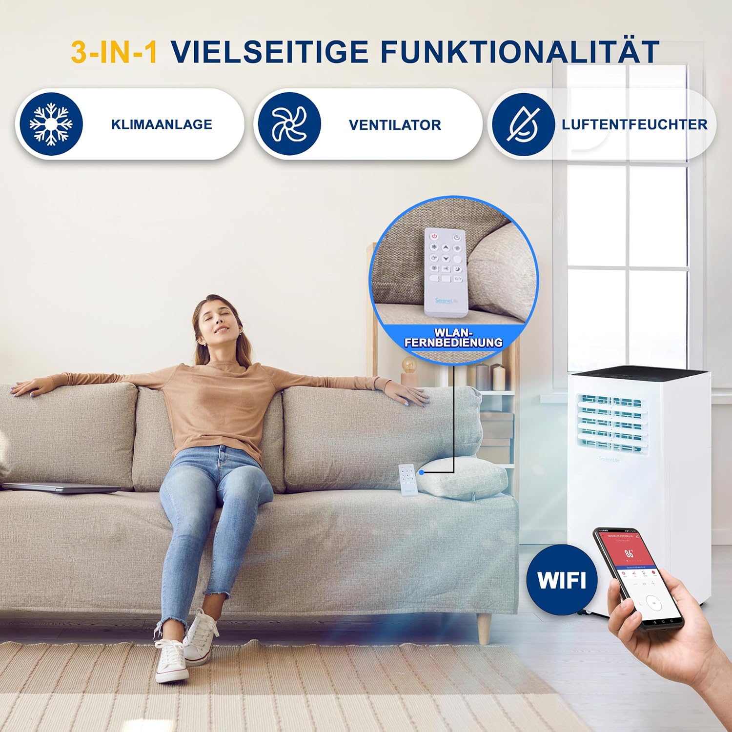 SereneLife 3-in-1 Mobile Klimaanlage mit Abluftschlauch – Klimagerät als Luftkühler, Ventilator & Luftentfeuchter– Mini Klimaanlage für Räume bis zu 28 m2 – Luftkühler für Zuhause & Büro 10,000 BTU