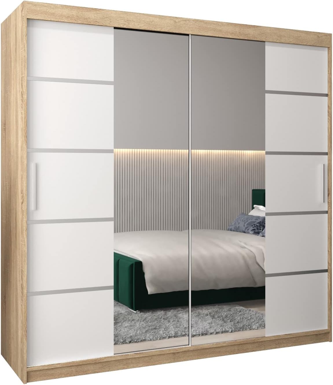 ABIKSMEBLE Verona 4 200 Armario 2 Puertas Correderas para Dormitorio - Armario Moderno con Espejo, Barra y Estantes - 200x200x62 cm (Ancho x Alto x Fondo) - Sonoma + Blanco Mate