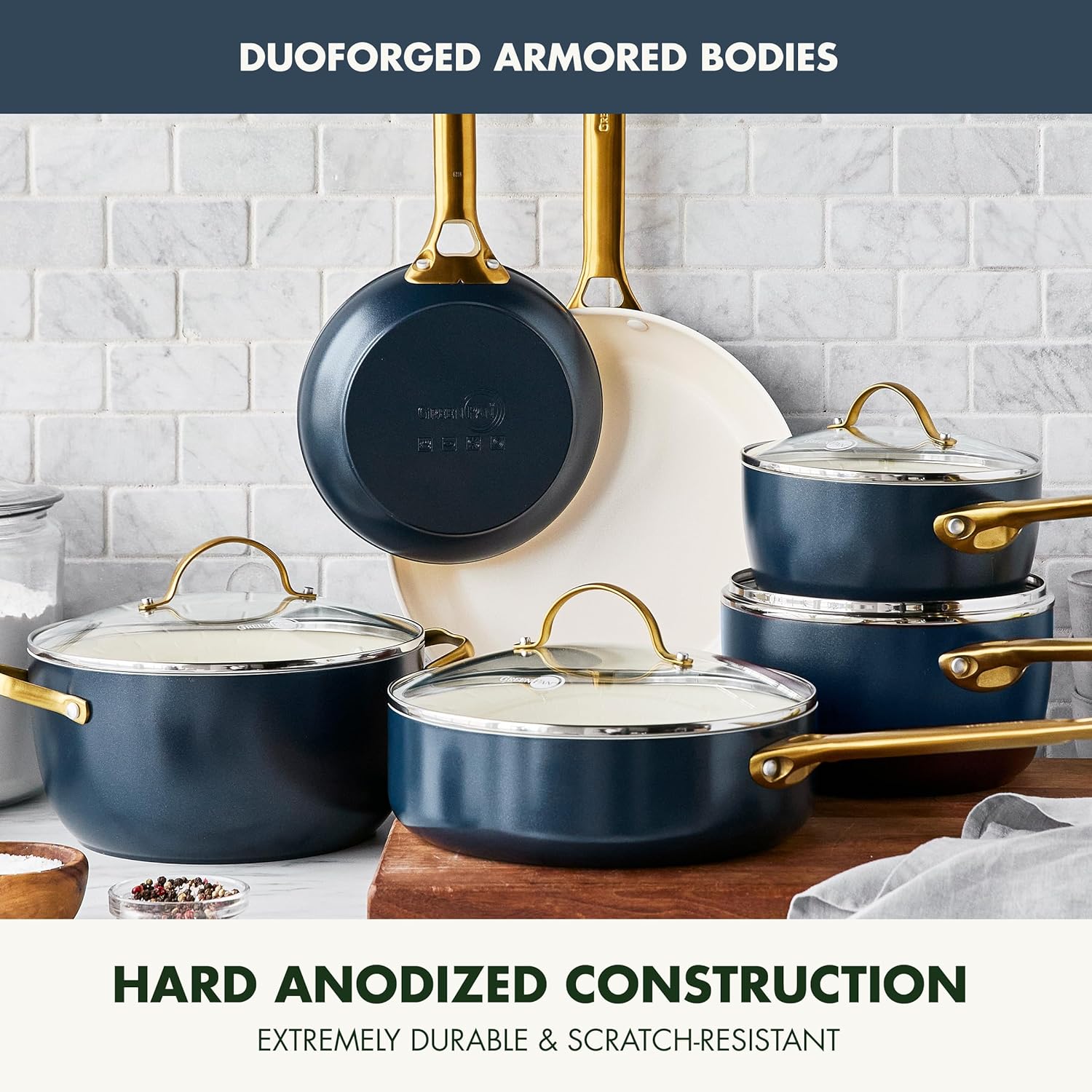Reserve Hard Anodized Healthy Ceramic Nonstick 10 Piece Cookware Pots and Pans Set, Gold Handle, PFAS-Free, Dishwasher Safe, Oven Safe, Black