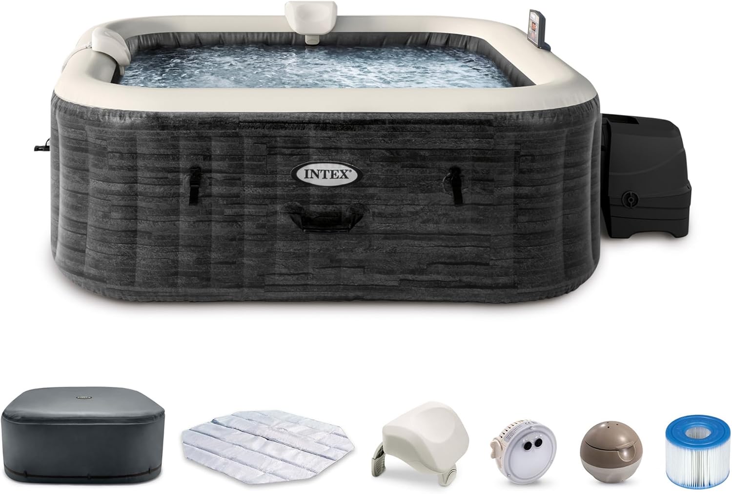 INTEX 28451EP PureSpa Greystone Deluxe Spa Set: Includes Energy Efficient Spa Cover and Wireless Control Panel �C Spa Control App �C Built-In FastFill Inflation System �C 6 Person Capacity �C 77