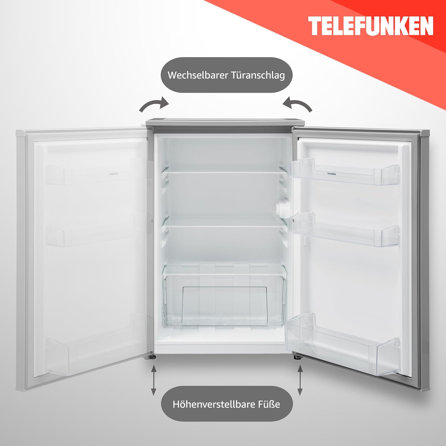 TELEFUNKEN Kühlschrank ohne Gefrierfach freistehend | Standkühlschrank mit 135 Liter Nutzinhalt | Kühlschrank klein mit Gemüsefach | Vollraumkühlschrank | Türanschlag wechselbar | C-135-100-S silber